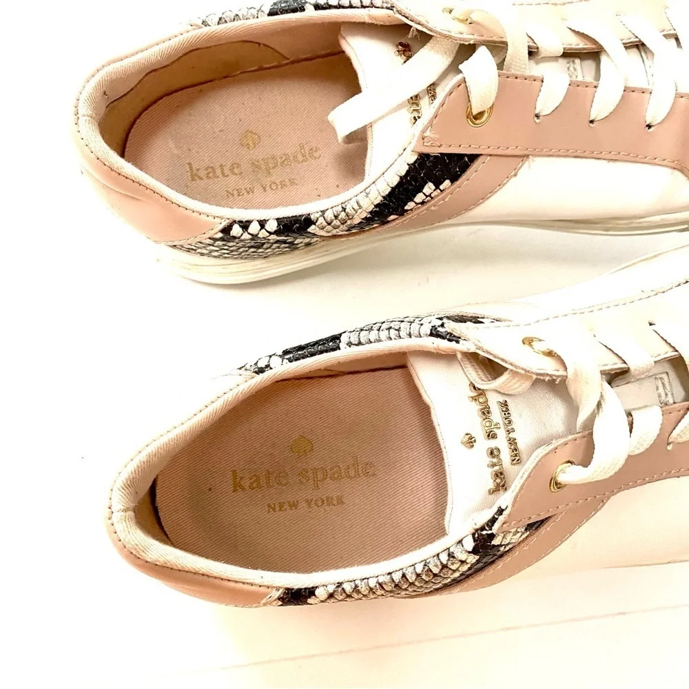Kate Spade NY Dash White Pink Leather Sneaker Size 8.5 Snakeskin Panels Low Top